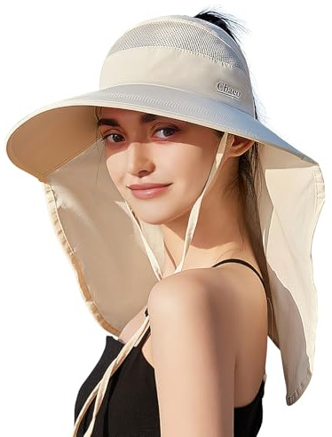 Sombrero de Sol para Mujer UV Protección Sombrero de Pesca de ala Ancha con Solapa para El Cuello Viseras para Senderismo, Pesca, Viajes, Playa (FR/ES, Letras, Talla única, Beige)