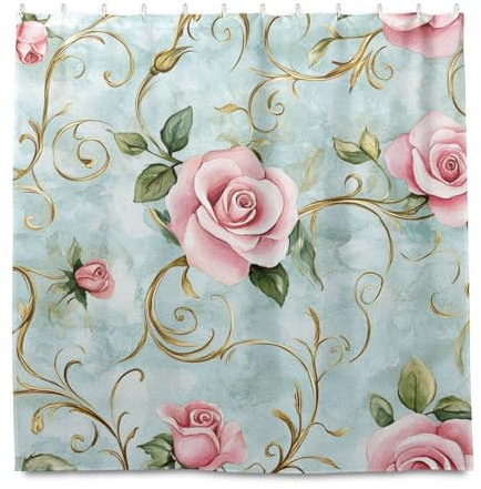 miaozhen Tenda da doccia impermeabile 183 x 183 cm con gancio rose foglie dorate pastello retrò poliestere resistente lavabile semplice tenda da doccia fodera per vasca doccia cortinas para ba? o