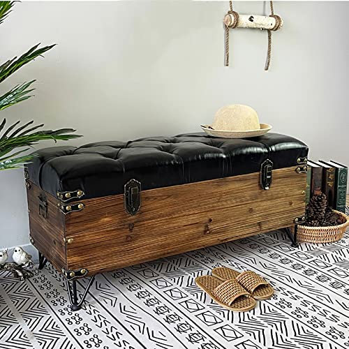 Cassapanca ottomana imbottita in pelle nera, stile vintage, 88 cm, rettangolare, per riporre scarpe, baule in legno per soggiorno, ingresso e camera da letto