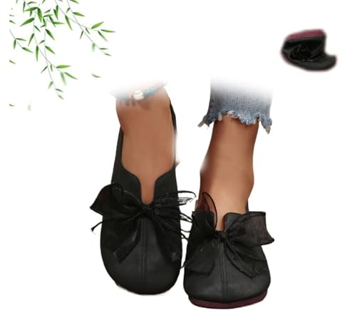Ballerine vintage da donna Mary Jane – 2025 nuove scarpe con punta tonda, suola morbida con dettaglio a fiocco, ballerine comode e pieghevoli per donna, adatte per lavoro elegante, Nero , 43 EU