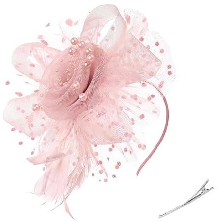 ZHITENG Fascinator Damen, Fascinators Hut für Damen Haarschmuck aus Mesh Federn Schleier Mesh Stirnband Kopfschmuck mit Perle Federn Blumen, für Teeparty Kopfschmuck Cocktail Schleier Party (Rosa)