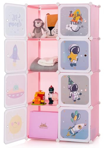 COSTWAY Armadio Portatile per Bambini, Organizzatore Modulari per Bambini a 8 cubi con Ante e Sezione Appendiabiti, Guardaroba Portatile per Sala Giochi Camera da Letto Asilo, 71x35,5x142 cm (Rosa)