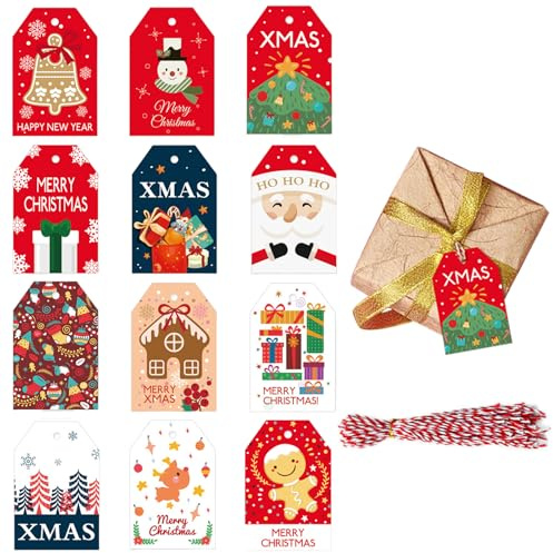 ZhouWei 48 Piezas Etiquetas de Navidad con 50 Cuerda, 6.8 x 4.5 cm Etiquetas de Regalo, 12 Modelos Diferentes de Christmas Tags, para Decoración de Envoltura de Regalo Festival