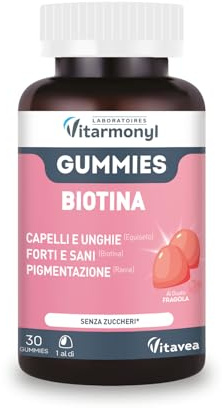Gummies Biotina Capelli e Unghie - Integratori per Capelli - Con Biotina, Rame e Zinco - Crescita, Forza e Lucentezza - Senza Zuccheri - 30 Caramelle Gommose - Gusto Fragola