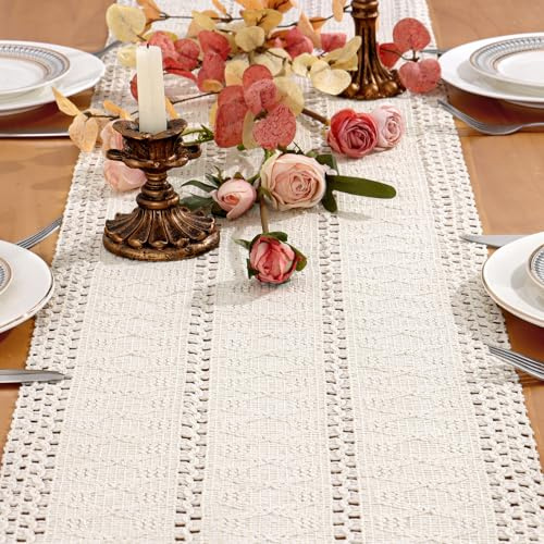 Macrame Table Runner White Boho Hand Woven Cotton Table Cover 30x180 cm | Dremisland Rustic Farmhouse Table Decoration for Bohemian Kitchen Seasonal Party Birthday Holiday Dining Table 30x180 cm