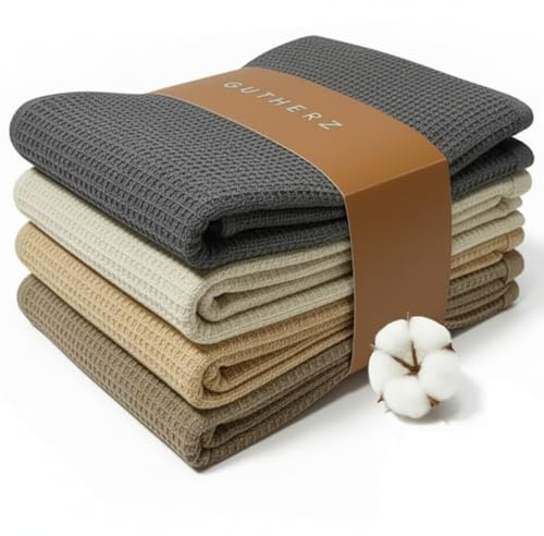 Gutherz® Geschirrtücher aus Baumwolle - Sanfte Naturtöne | 4er Set (45x65 cm) | Waffelstruktur Küchentücher | Saugstarke & stilvolle Trockentücher | Küchenhandtücher - Tea Towels