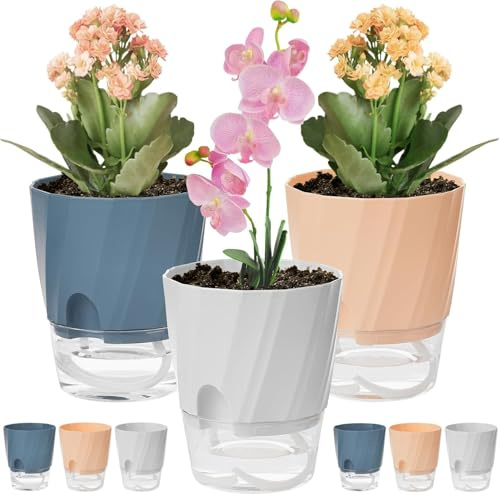 KAHEIGN 6 Pezzi Vasi Autoirriganti, 12CM Vaso per Fiori in Plastica da Giardino con Foro di Drenaggio e Serbatoio di Grande Capacità - Vasi per Aloe Erbe Orchidea Piante Succulente (3 Colori)