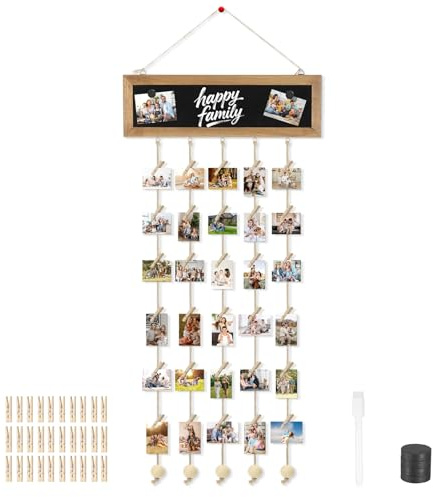 Hahorpa Collage Fotos con 30 Clips, Marco para colgar Fotos con Rotulador Blanco y Tablero de Mensajes, Colgador de Fotos para Decoración de Paredes, Adecuado para Familias, Cumpleaños, Regalos