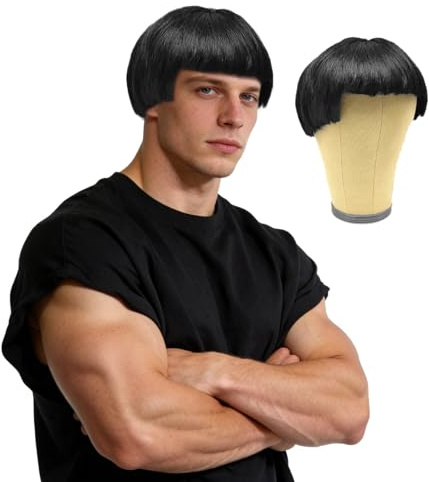 GYIOFAI Ibiza Final Boss Vestuario Peluca, Peluca Corte Tazón de los con marcha de los 60 90, Pelucas de Chico de Banda Punk Rock Disco, Funny Bowl Cut Wig, para Halloween de Cosplay Fiesta (Negro)
