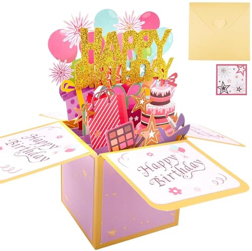 Tarjeta de cumpleaños, Tarjeta de cumpleaños 3D Pop-Up Happy Birthday, Tarjeta plegable hecha a mano con sobre, Regalo de cumpleaños para esposa, novia, hombres y amigos – Oro rosa 18 x19 cm