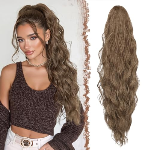 FESHFEN Coda Capelli Extension con Coulisse Lunga Ondulati Ricci Ponytail Posticci Sintetici Coda Cavallo Extensions per Donna, 65 cm Caramello con riflessi