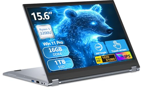 15,6 Pulgadas 2 en 1 Ordenador Portátil con Pantalla Táctil Ryzen R3-3200U Procesador, PC Portátil WIN 11 16GB DDR4 RAM 1TB SSD 360° Pantalla Táctil, Laptop FHD IPS Teclado Retroiluminado HDMI RJ45