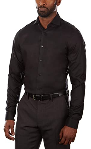 Calvin Klein Men's Non Iron Stretch Slim Fit Dress Shirt Shirt, Jet Black, 14.5 Neck 32-33 Sleeve
