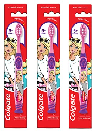 Colgate Barbie Lot de 3 brosses à dents pour enfants à partir de 5 ans, poils extra doux avec gratte-langue