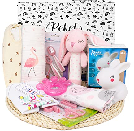 PEKEL'S Canastilla para Bebé Recién Nacido | Cesta Unisex para Niña con Muselina, Ropa, Peluche y Accesorios Esenciales | Set de Regalo Ideal para Baby Shower y Nacimiento