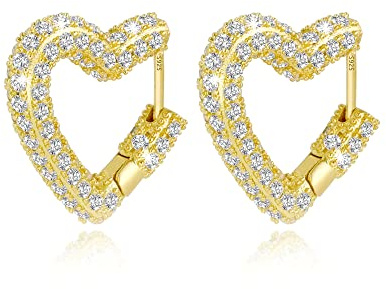 orecchini cerchio, Orecchini a forma di cuore in argento Sterling 925, 14K Placcati in Oro Cristallo a Forma di Cuore per Le Donne Orecchini con Strass Geometrici Gioielli