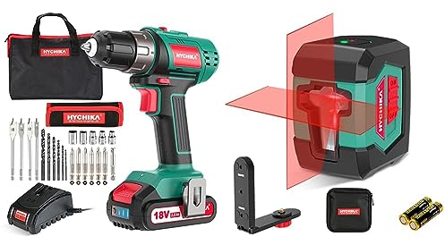 Akkuschrauber, HYCHIKA 18V 35N·m Akku Bohrschrauber mit 2.0 Ah Akku & Selbstnivellierend 15M mit Dualem Lasermodul 360°Umschaltbar Horizontal/Vertikal mit Halterung, 2 x AA Batterie IP54 Schutzlevel