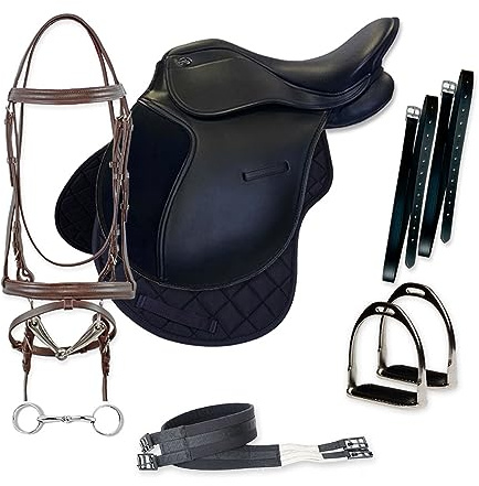 Set Sella 16 Equitazione Completo per Pony, Attrezzatura equitazione inglese per Principianti ed Esperti - Adulti Unisex, con sottosella briglia e staffe
