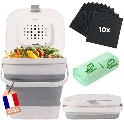 ALL LEAN - Composteur de Cuisine 4L sans Odeur avec 10 Filtres à Charbon - Poubelle Compost 4L pour Cuisine & Appartement – Kit avec Seau + 10 Filtres + 25 Sacs Comspotables + Guide Compost - Grise