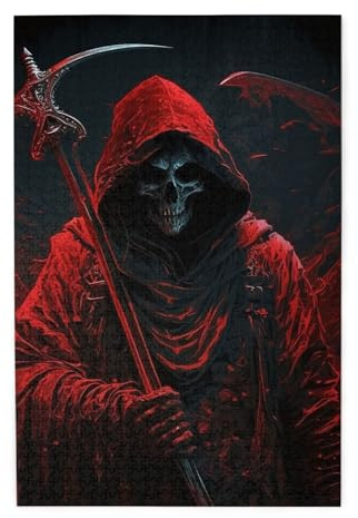 HERRECX 1000 Piece Jigsaw Puzzle - Grim Reaper Sickle Skull Red Dark Wood Puzzle for Adults Teens Family Game Educational Toys Gifts