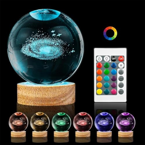 3D Galaxy Crystal Ball Night Light 3.15in Galaxy System Crystal Ball 16 Colors Night Light with Wooden Base Snow Globe Glass Laser Engraved Gift for Women Kids Friends Family [Energy Class A]