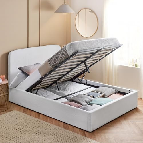 Ottoman Bed Frame Small Double Cream | Storage Bed 4ft | White Bouclé Bed With Storage 120 x 190 cm (No Mattress, Small Double)