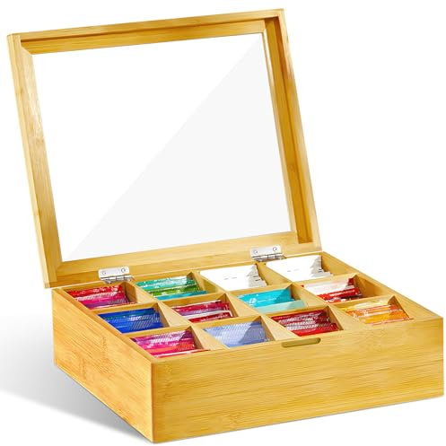 ZQEJEFD Teebox, Teebox aus Holz mit 12 Fächern,Teebeutel Aufbewahrungsbox,Teekiste mit Sichtfenster 28 x 22.5 x 9 cm,Flexibel Einstellbare Fächer,Teebeutelbox für Aromageschützte Aufbewahrung von Tee