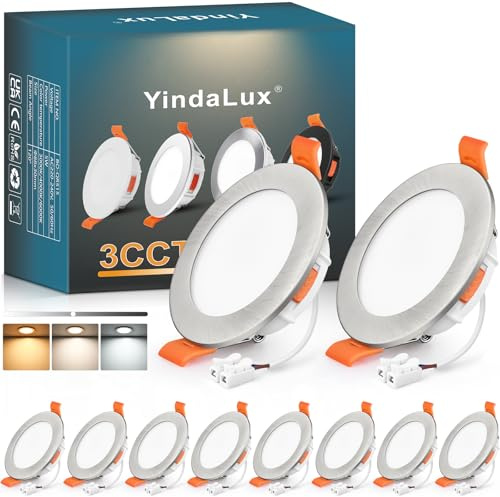 YindaLux LED infälld spotlight 230V dimbar 5W 550LM takspotlights nickel platta LED-spotlights 230V 65-75 mm IP44 infällda badrumslampor 2700K 4000K 6500K set med 10