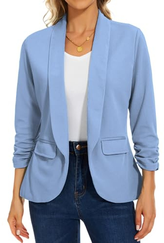 MINTLIMIT Women's Long Sleeve Blazer Open Front Jacket Suit Plain Work Office Tops Coat Outerwear (Light Blue M)