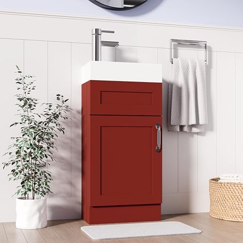 BELOFAY Vanity Unit With Basin | 400mm Bathroom Vanity Units With Basin | Floor Standing Slim Design | Waterproof | 1 Tap Hole Ceramic Bathroom Sink | Including Waste (Crawley Terracotta)