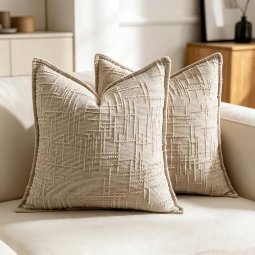 OYIMUA Soft Tweed Chenille Cushion Covers 45 x 45cm Beige Set of 2 | Pillow Covers for Sofa Bed Chair,Modern Neutral Decorative Pillows,Thick Textured Sofa Bed Cushions Pillow Cases