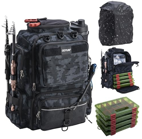Goture Zaino da pesca con 4 scatole per esche da pesca, 45 litri, con borsa a tracolla rimovibile, porta canna, impermeabile 900D, grande borsa da pesca per campeggio, escursionismo, Stile B mimetico