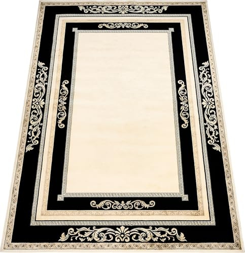 Belle Arti Matta, vardagsrum, sovrum, matsal, vardagsrumsmatta, kort lugg i svart guld Florens halkfri, antiallergisk, 100 % viskos 100 x 140 cm, rektangulär