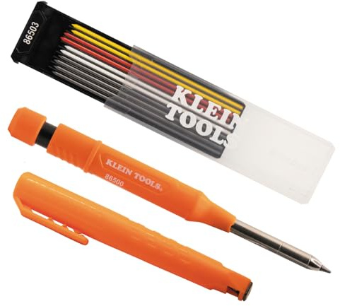 KLEIN TOOLS 80189 Skribes 2.8 mm Mechanical Carpenter Pencil with Built-In Sharpener and 10-Pack Assorted Color Leads, for Deep Hole Marking for Woodworking and Construction