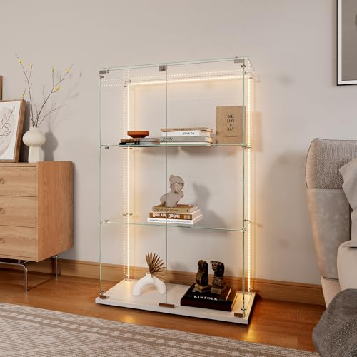 TIMORWTF Vetrina in vetro con striscia LED, armadio vetrina per collezione, mobile 2 ante a serratura, 3 ripiani vetrine soggiorno bar, 123 x 78,5 x 35 cm, bianco