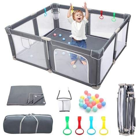 CHOLY 71×59 Foldable Baby Playpen with Mat, Playpen for Babies and Toddlers, Portable Play Yard with Ocean Balls and 4 Handlers, Quick Setup Infant Fence with Travel Bag (180 * 150 cm)