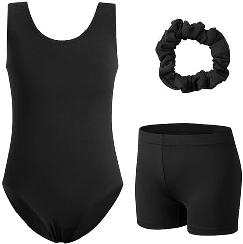 XiaoMoSha Girls Three-Piece Gymnastics Set Sleeveless Girls Leotards with Shorts and Hairband Sparkly Glitter Gradient Color Dance Ballet Unitards Gymnastics Outfits, Black, 3-4 Years