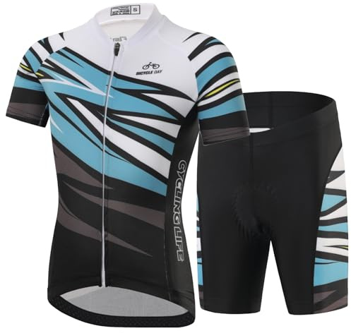 SXSHUN Maillot de ciclismo para niños y niñas, de secado rápido, camiseta de manga corta y pantalón corto con acolchado 3D para el asiento, transpirable, ropa de ciclismo, Azul + negro., 122-128