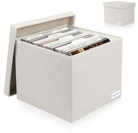 Himake Decorative Photo Storage Box - Linen Photo Box Organizers with Dividers, Fits Holds Up to 800 Photos in 8x10 inch Size, Portable Scrapbook Storage Containers with Lid (Beige)