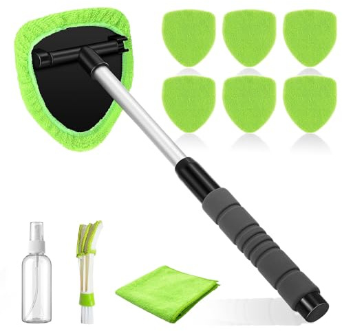 Cepillo Limpiador Parabrisas Ventanas de Coche, Kit Limpieza Coche Extensible,Cepillo Lavar Coche,Kit de Limpiaparabrisas Interior de Cristal,Incluye 6 Almohadillas de microfibra,1 Botella y 1 Toalla