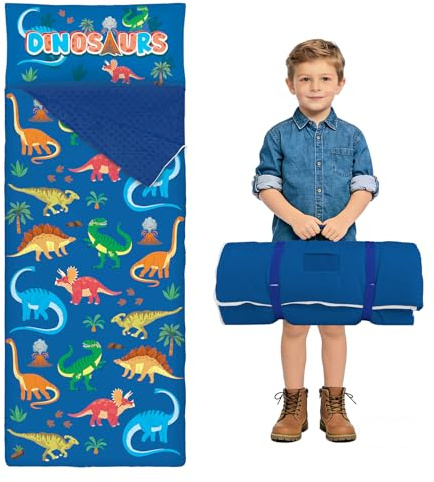 Sacco a Pelo per Bambini con Cuscino e Doppia Cerniera, 150x60 cm Nap Mat per Bambini, Ideale per Casa, Asilo, Scuola Materna e Campeggio, Dinosauro