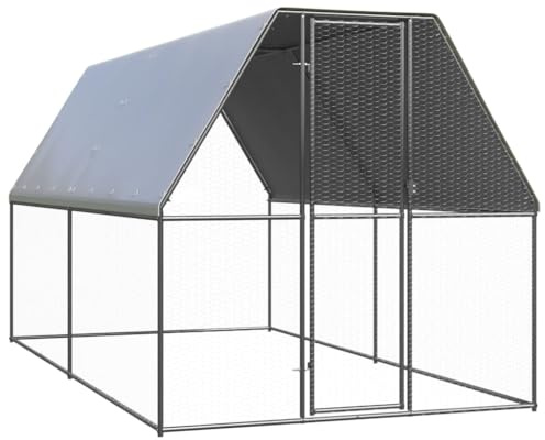 Mhdvray Gabbia per polli da esterni, 2 x 4 x 2 m, pollaio in acciaio zincato, recinto per polli, anatre e piccoli animali, beccuccio per pollo con porta e tetto di protezione, colore: argento