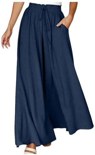 Jupe Culotte Femme Fluide Été Coton Lin Pantalon Large Taille Haute Elastique Grande Léger Chic Élégant Palazzo Poches Cordon Casual