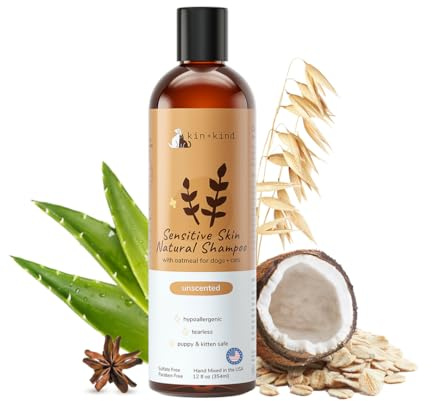 kin+kind Sensitive Skin Natural Dog and Cat Shampoo - Gentle Oatmeal Clean - Fragrance Free - 12 fl oz