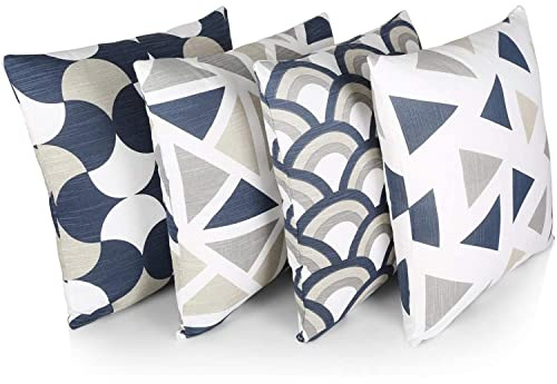 Penguin Home Set of 4 100% Slub Cotton Fabric Cushion Covers 45cm x 45cm Double Sided Square Pillow Covers with Invisible Zipper Pillow Cases for Living Room, Bedroom, Sofa (Navy/White)