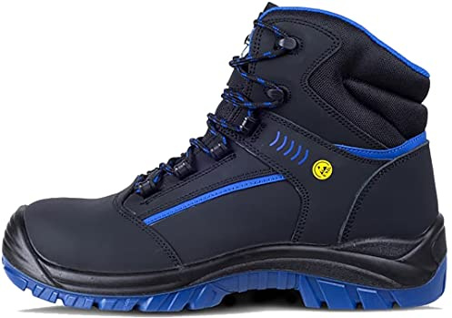 WORKTEAM Bota de Seguridad Antiestática ESD, Piel de Nobuk, resistente al deslizamiento, perforación, hidrocarburos y absorción de agua, puntera antiimpactos. Unisex Negro+Azulina 44