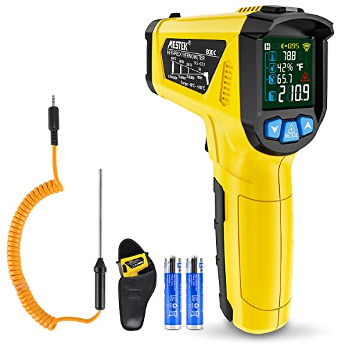 Infrarot Thermometer Laser MESTEK Temperaturmessgerät mit K-Sonde IR Pyrometer -50°C bis 800°C Berührungslos Farbe LCD Alarmfunktion Einstellbarer Emissionsgrad für Küche