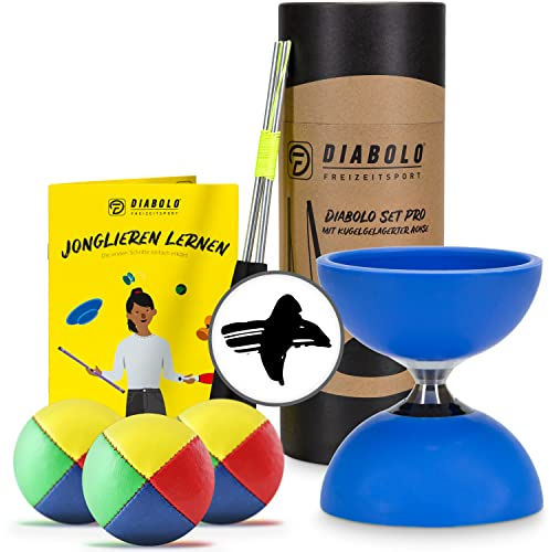 Profi Diabolo-Jonglierset - hochwertiges Diabolo mit Kugellager in blau inkl. Aluminium Sticks, langlebiger Schnur & 3 Jonglierbällen - ideal für Anfänger & Profis