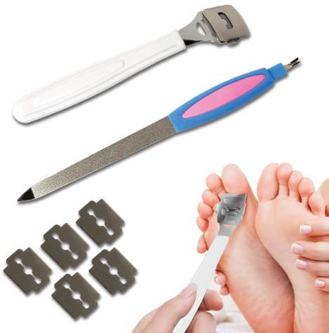 Kit per Pedicure, Raschietto per Tallone, Rasoio per Calli Tagliacalli, Lima per Piedi Scrubber Raspa per Pelle Morta Ruvida, Piedi Screpolati, Set per Rimuovere Duroni, 5 Lame di Ricambio