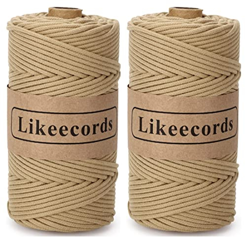 Likeecords 2 Skeins Braided Macrame Cord 3mm x 100m, Macrame Rope, Colorful Cotton Craft Cord for Bag, Plant Hangers, Crafts, Knitting (Light Khaki)